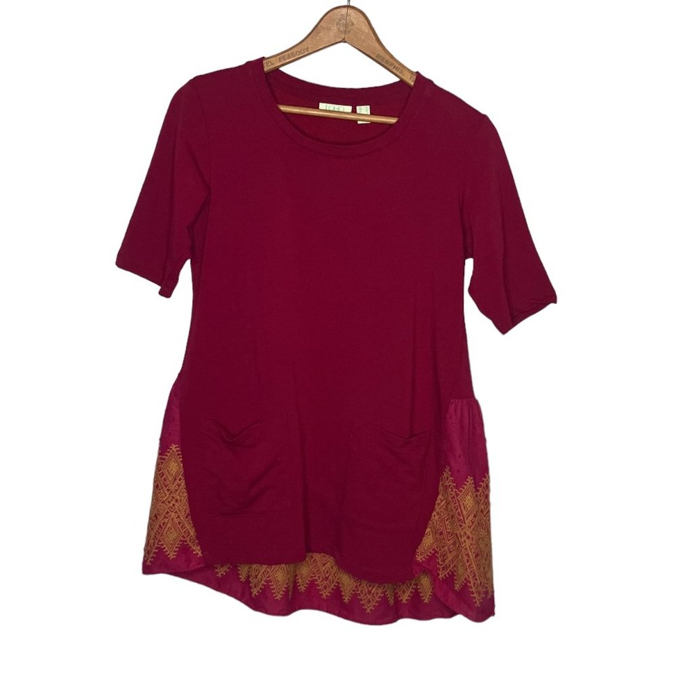 LOGO by Lori Goldstein XS Red Stretch Knit Woven Embroidered Peplum Tunic Top